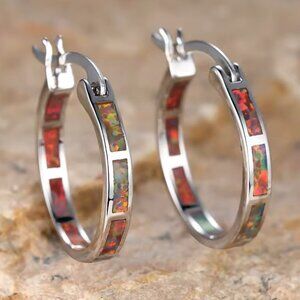 Fire Opal Hoop Earrings in Palladium Setting